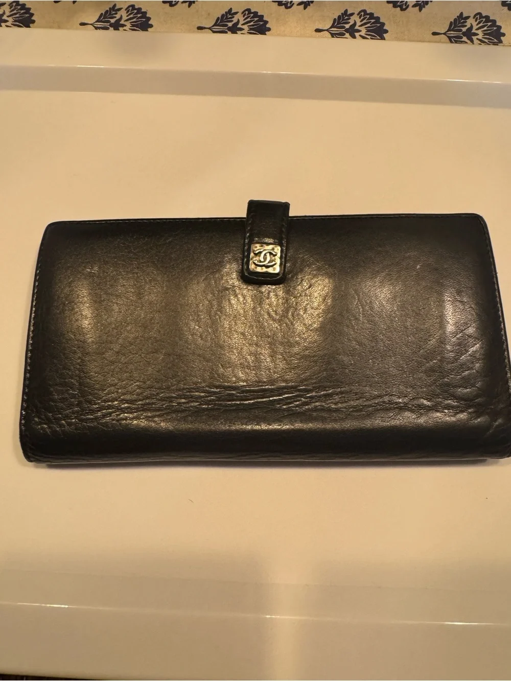 CHANEL Black Leather Long Wallet with CC Button Strap